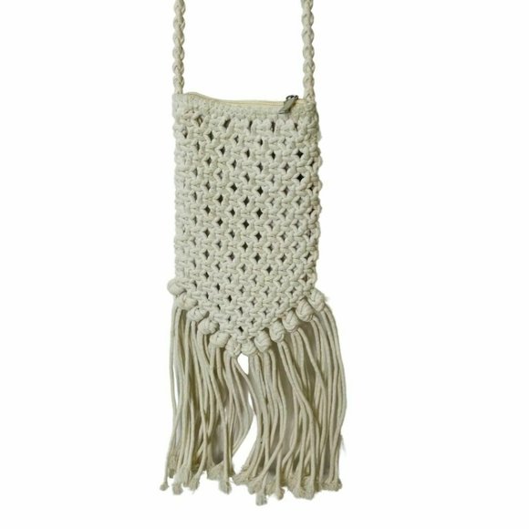 Mooloola Cream Macramé Phone Side Pouch Bag Tassel - Picture 3 of 7